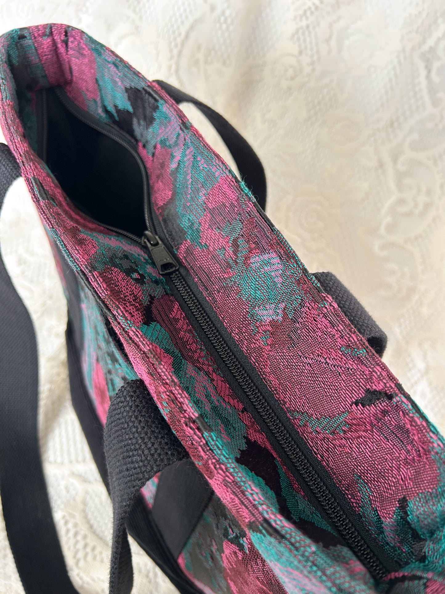 Top view of the same tote bag showing the main zipper